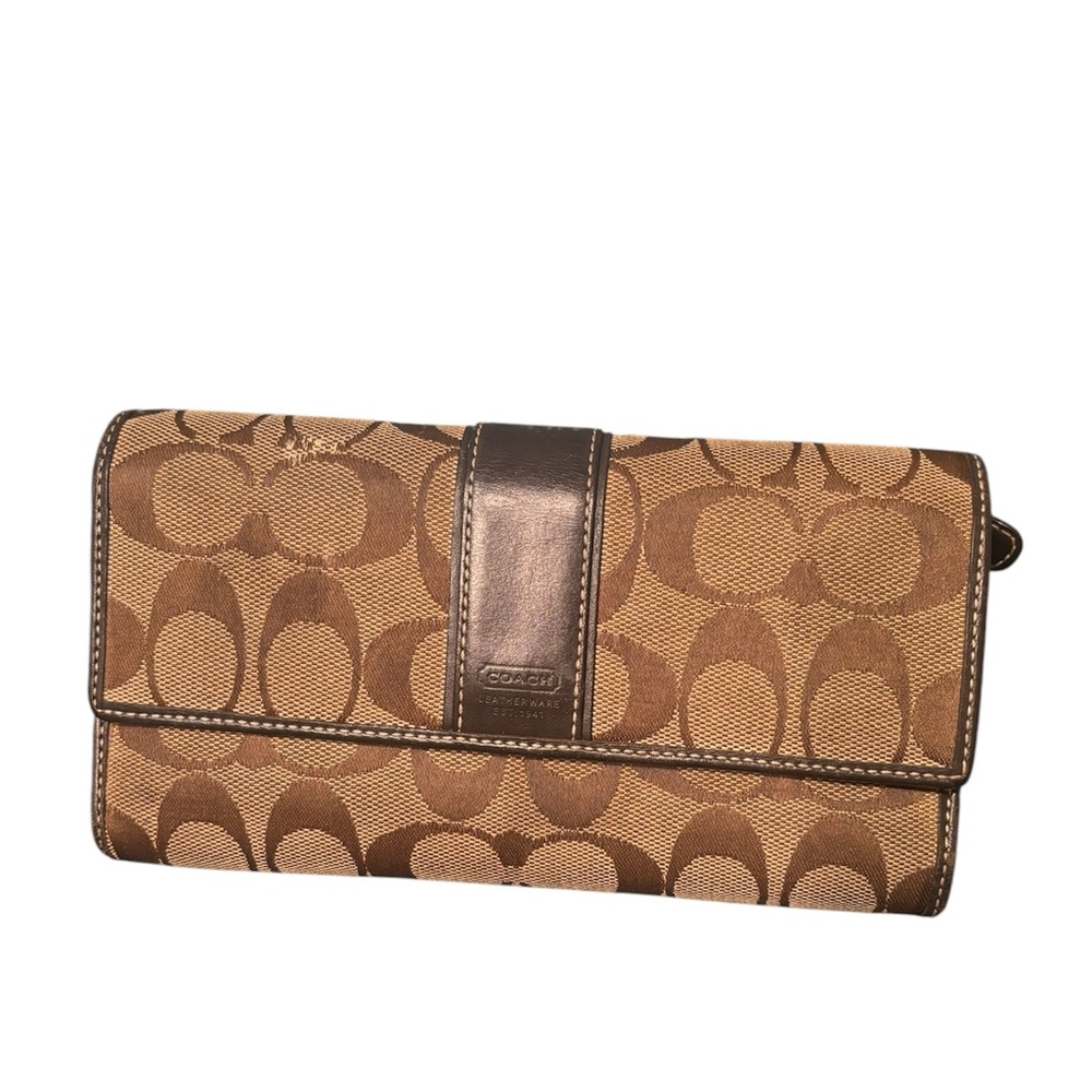 Coach Signature C Jacquard Brown and Tan checkbook Wallet